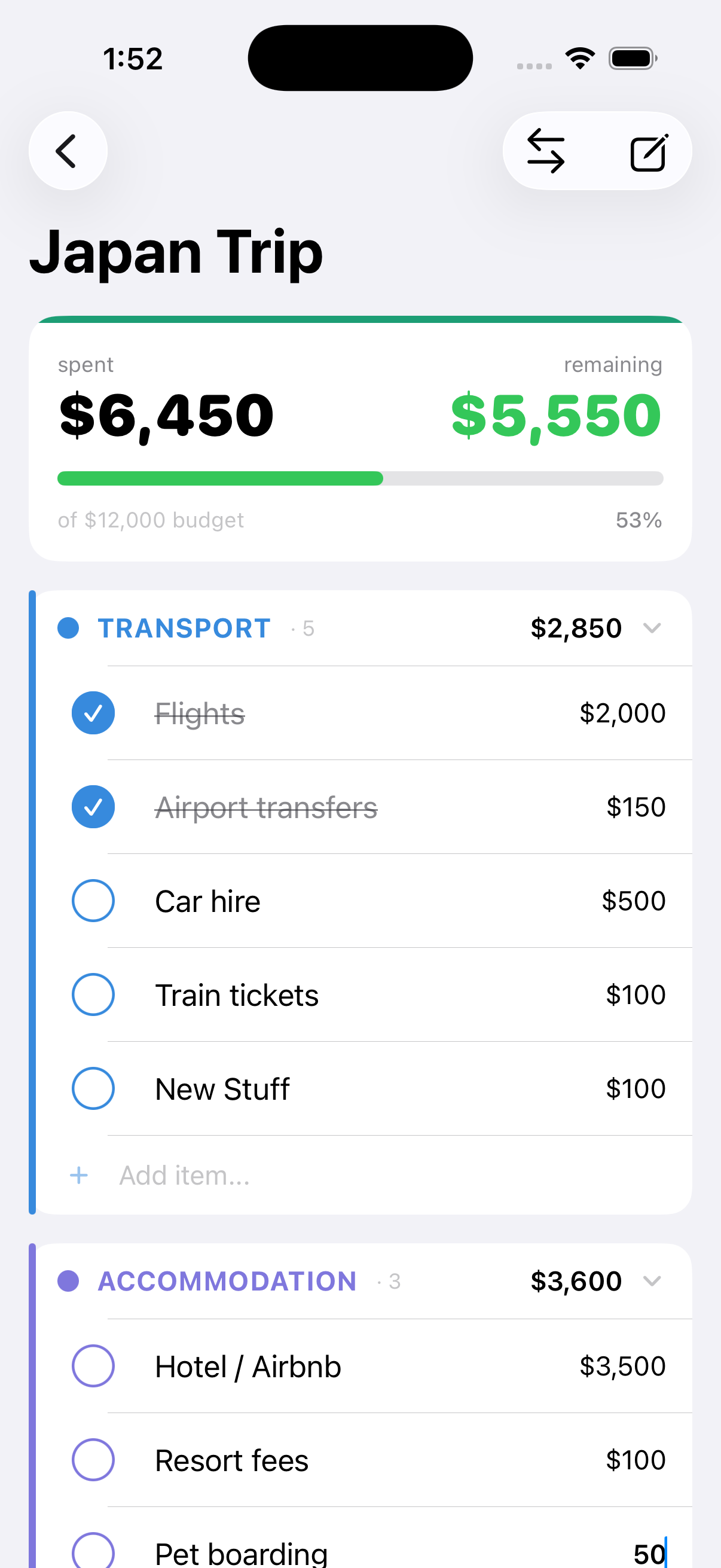 Categories, items & a live total